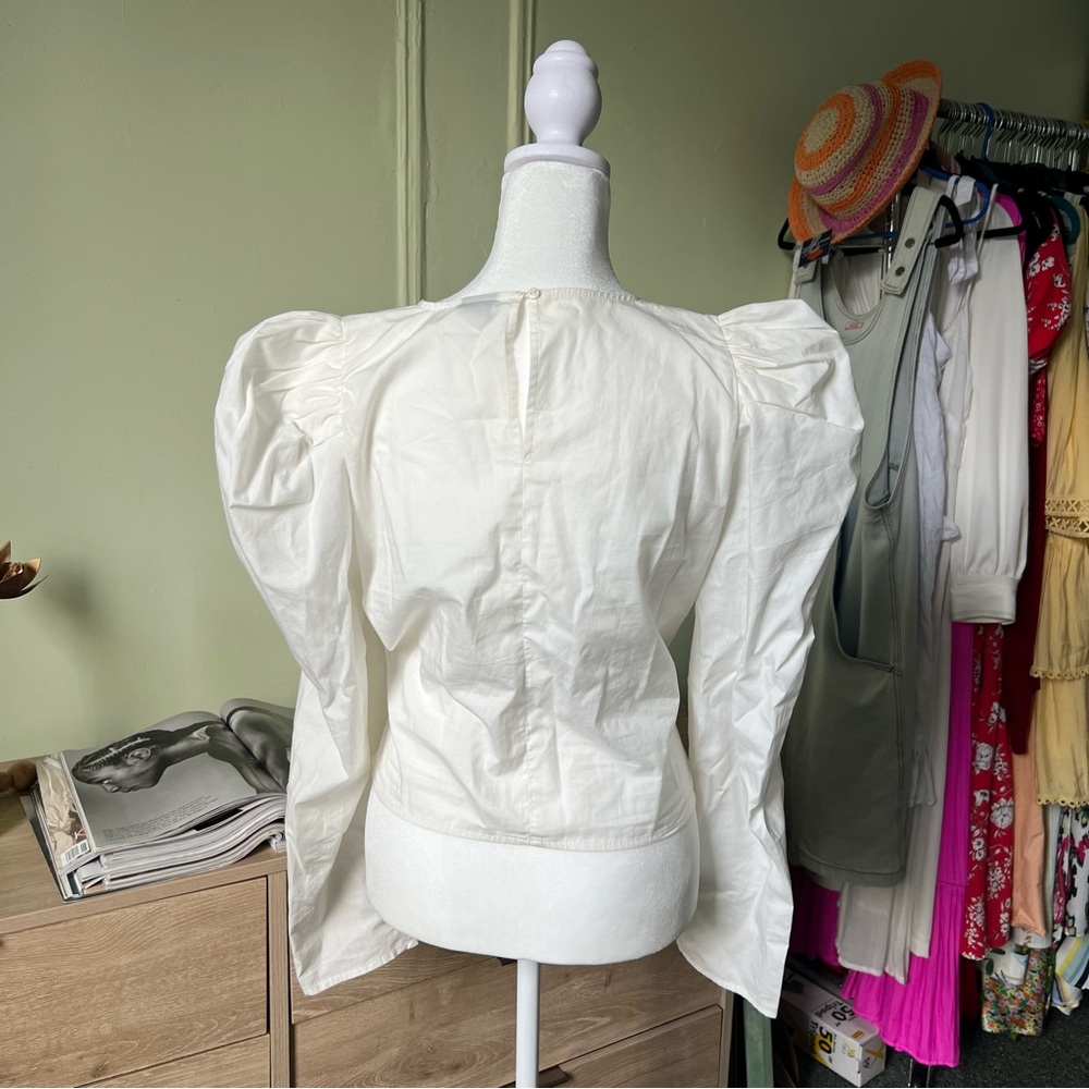 White Puff Long-Sleeve Ruched Detail Corset Modest Cute Blouse Shirt Top Sz M-L - Picture 6 of 15